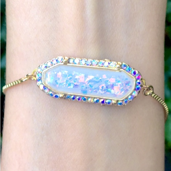 Iridescent Opal + Aurora Borealis Crystal Halo Gold Boho Bracelet - Picture 4 of 7